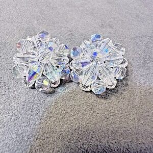 Vintage AB Clear Rhinestone‎ Earrings Clip On Cluster Silver Tone Jewelry